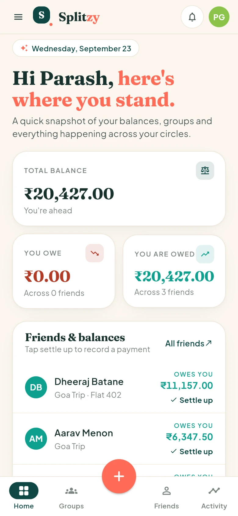 The Splitzy dashboard: total balance ₹20,427, nothing owed, and the friends who owe you listed beneath.
